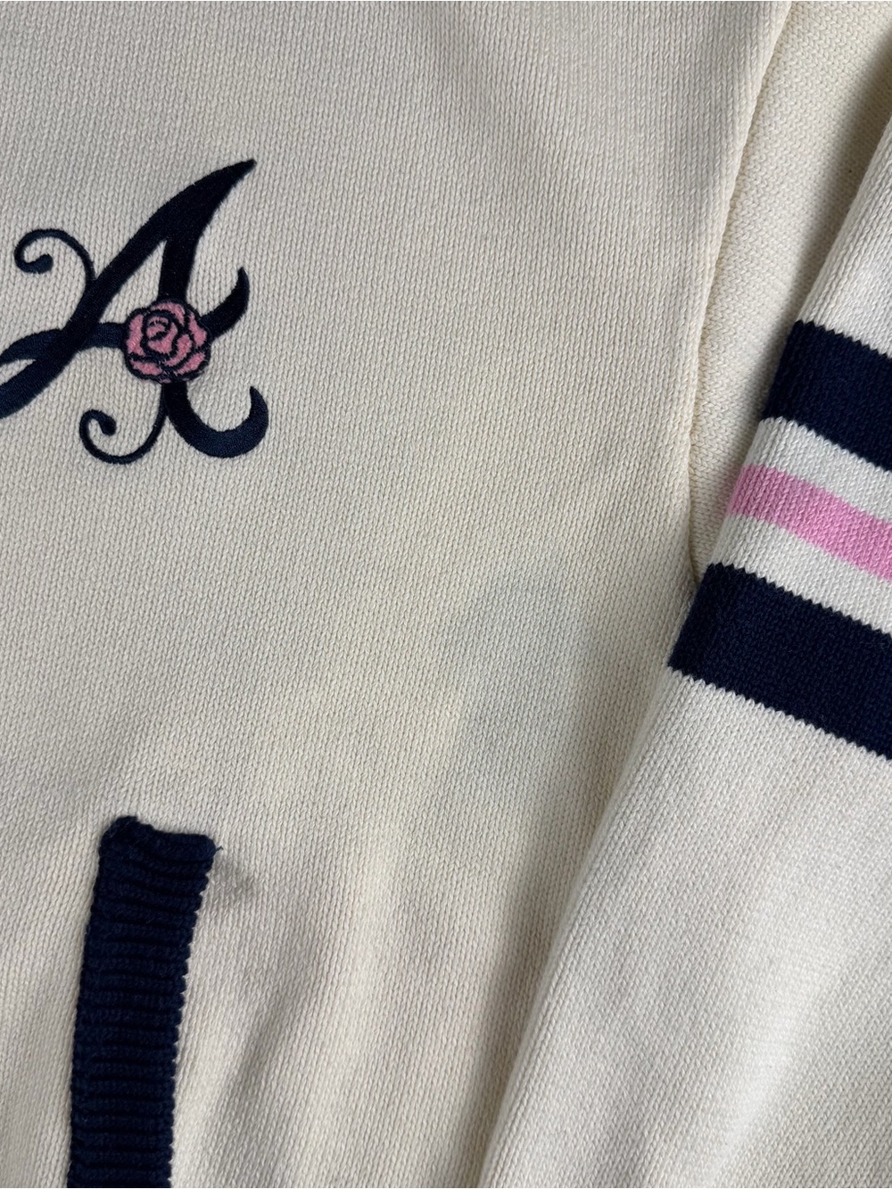 Anthropologie Atlanta Braves Knit Sweater Womens XL Cream Pink Zip Up Baseball - Picture 5 of 8